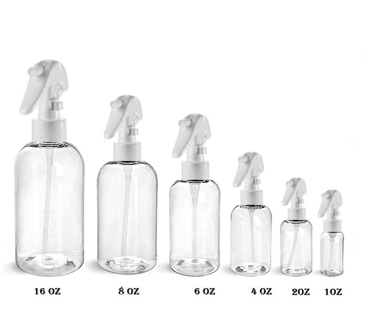 2 oz CLEAR PET Boston Round Bottle w/ Black Mini Trigger Sprayer