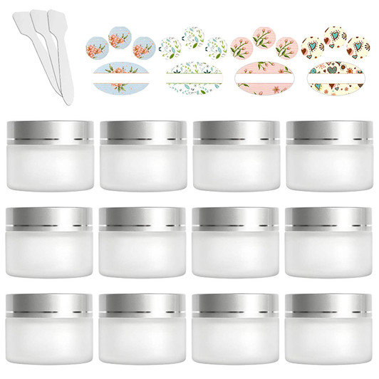 12 Pack 30ml 1 oz Matte Clear Glass Jars with Silver Lids & Inner Liners,Round Containers Travel Jars