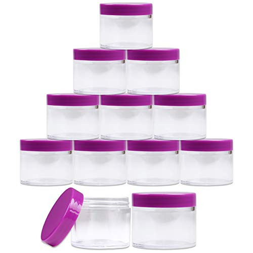 60 Grams/60 ML (2 Oz) Round Clear Leak Proof Plastic Container Jars with PURPLE Lids for Storage Cosmetic Lotion Scrubs Creams Ointments (12 Pieces Jars + Purple Lids, PURPLE)