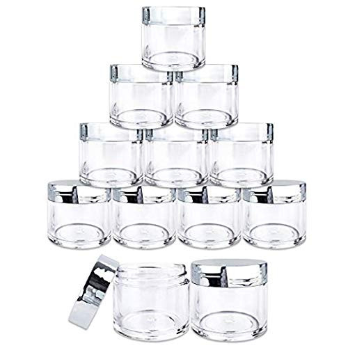 12 Piece 1 oz. USA Acrylic Round Clear Jars with Flat Top Lids for Creams, Lotion, Make Up, Cosmetics, Samples, Herbs, Ointment (12 Pieces Jars + Lids, SILVER)