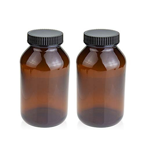 Wide Mouth Paker Bottle, Amber Glass, 500ML (16OZ) Capacity with 53-400 Black Polyethylene Screw Cap Lined PE Septa, Package of 12 Units