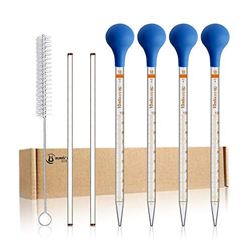 4PCS 10ml Glass Graduated Droppers Lab Pipettes Dropper Liquid Pipette with 4 Rubber Caps 2PCS 20CM Glass Stir Rod and Droppers Brush