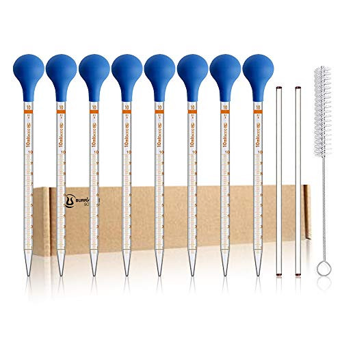 8PCS 10ml Glass Graduated Droppers Lab Pipettes Dropper Liquid Pipette with 8 Rubber Caps 2PCS 20CM Glass Stir Rod and Droppers Brush