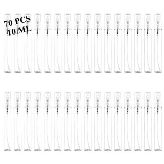 Mini Spray Bottles 70PCS 10ML Clear Glass Perfume Bottles Refillable Fine Mist Spray Bottles Empty Fragrance Scent Sample Spray Containers Cosmetics Make up Atomizer for Cleaning, Travel, Essential Oils