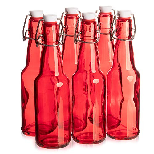 11 oz. Red Glass Grolsch Beer Bottle, Quart Size - Airtight Seal with Swing Top/Flip Top - Supplies for Home Brewing & Fermenting of Alcohol, Kombucha Tea, Wine, Homemade Soda (6-pack)
