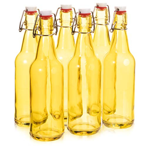 16.9 oz. Yellow Glass Grolsch Beer Bottle, Quart Size - Airtight Seal with Swing Top/Flip Top - Supplies for Home Brewing & Fermenting of Alcohol, Kombucha Tea, Wine, Homemade Soda (6-pack)