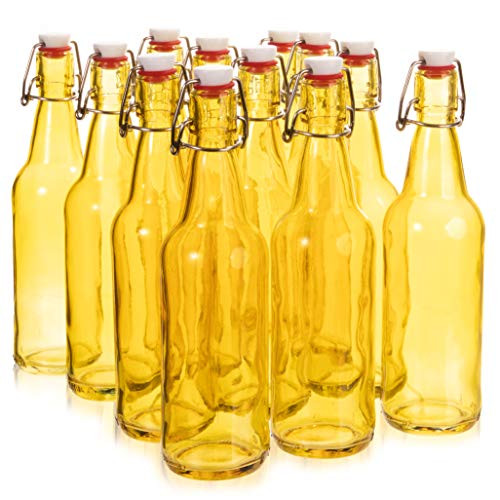 16.9 oz. Yellow Glass Grolsch Beer Bottle, Quart Size - Airtight Seal with Swing Top/Flip Top - Supplies for Home Brewing & Fermenting of Alcohol, Kombucha Tea, Wine, Homemade Soda (12-pack)