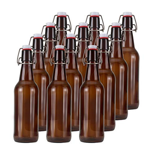 16oz Glass Beer Bottles with Flip Caps for Home Brewing OMMO Amber Swing Top Glass Bottles Airtight Brewing Bottles for Home Brewing, Kombucha (Case of 12)
