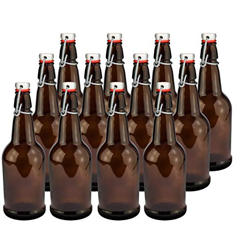 Home Brewing Glass Beer Bottle with Easy Wire Swing Cap & Airtight Rubber Seal | Amber | 16oz | Case of 12 | by Chef's Star
