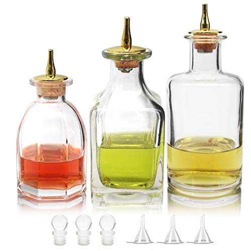 Bitters Bottle Set - Set of 3 Dash Bottle with Gold Dasher Top, Antique Design High White Glass Bottle for Bartender - BTSET0004 (3pcs)