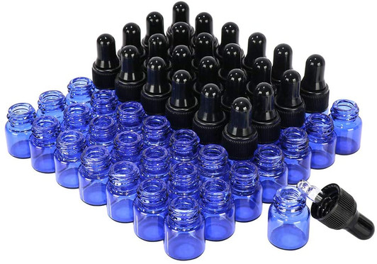 50 pack 1 ml 1/4 Dram Mini Blue Glass Sample Bottles with Glass droppe