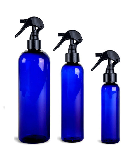 8 oz Blue Cosmo bottles with 24/410 White Mini Trigger Sprayer with Lock Button & 6-3/4" Dip Tube