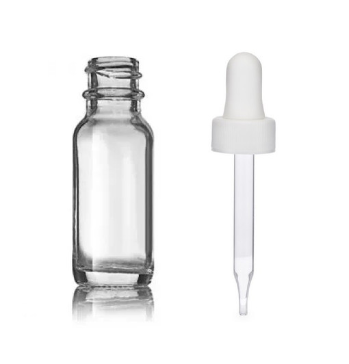 1/2 oz (15ml) CLEAR Glass Bottle - w/ White Glass Dropper