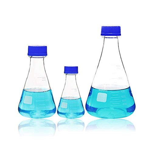 ULAB Erlenmeyer Flasks with Blue Screw Cap, 3 Sizes 250ml 500ml 1000ml, 3.3 Borosilicate with Printed Graduation, UEF1005
