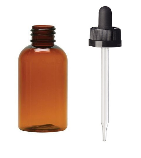 2 oz AMBER Plastic PET Boston Round Bottle w/ Child Resistant Dropper