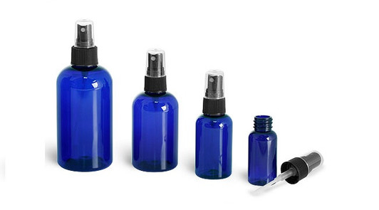 2 Oz Cobalt Blue Plastic PET Boston Round Bottle w/ Black Fine Mist Sprayer