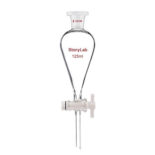 StonyLab Borosilicate Glass 125ml Heavy Wall Conical Separatory Funnel with 19/26 Joints and PTFE Stopcock - 125mL