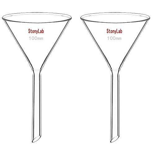 StonyLab 2-Pack Glass Heavy Wall Funnel Borosilicate Glass Funnel, Short Stem 100mm Diameter, 100mm Stem Length