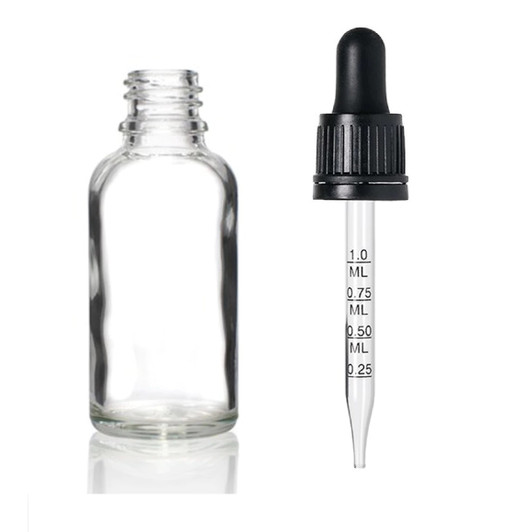 1 oz Clear Euro Glass Bottle w/ 18-415 Black Tamper Evident Calibrated Dropper