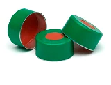 Cap, crimp, green aluminum, 11 mm, PTFE/red rubber septa, 100/pk. Cap size: 11 mm