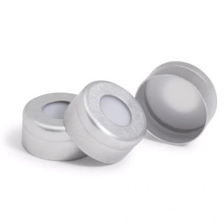 Cap, crimp, silver aluminum, certified, PTFE/silicone/PTFE septa, 11 mm, 1,000/pk. Cap size: 11 mm