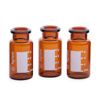 Vial, crimp top, headspace, amber, graduation marks and write-on spot, flat bottom, certified, 10 mL, 23 x 46 mm, 100/pk. Vial size: 22.75 x 46 mm (20 mm cap)