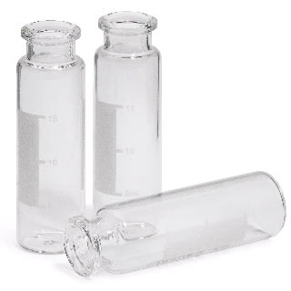 Vial, crimp top, headspace, clear, graduation marks and write-on spot, flat bottom, certified, 20 mL, 23 x 75 mm, 100/pk. Vial size: 22.75 x 75 mm (20 mm cap)