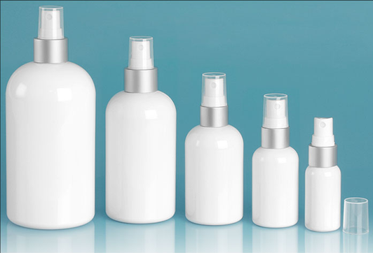 1 oz Plastic Bottles, White PET Boston Rounds with White Sprayers w/ Brushed Aluminum Collars - Set of 120