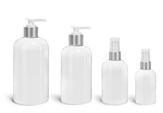 2 oz Plastic Bottles, White PET Boston Rounds with White Lotion Pumps w/ Brushed Aluminum Collars- Set of 120
