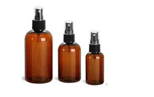 2 oz AMBER Plastic PET Boston Round Bottle w/ Black Fine Mist Sprayer