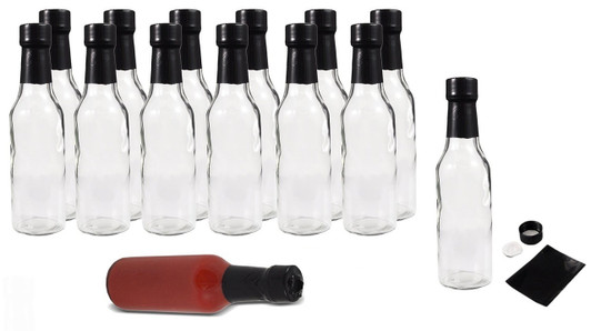 5 oz clear glass woozy sauce bottle - Complete Set of Bottles with Shrink Sleeve, Bottles, and Lids - pack of 24