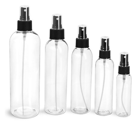 12 oz Clear PET Cosmo Plastic Bottle w/ Black Atomizer