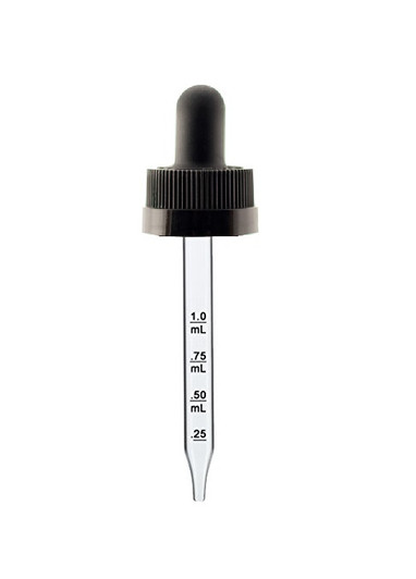 1 oz Black Child Resistant Calibrated Glass Dropper with Monprene bulb - 20-400 fits 1 oz Bottles