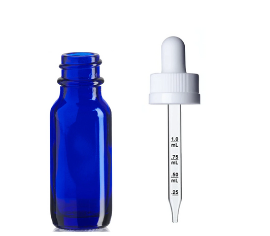 1/2 oz (15ml) COBALT BLUE Glass Bottle - w/ White Child Resistant Calibrated Glass Dropper