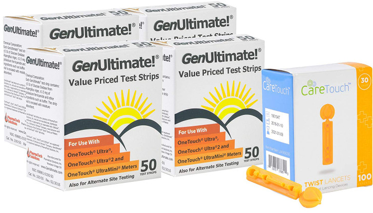 GenUltimate Blood Glucose Test Strips 200 Count for Use with One Touch Ultra, Ultra 2 and Ultra Mini Meter, (4x50) Strips with 100 Lancets by Care Touch