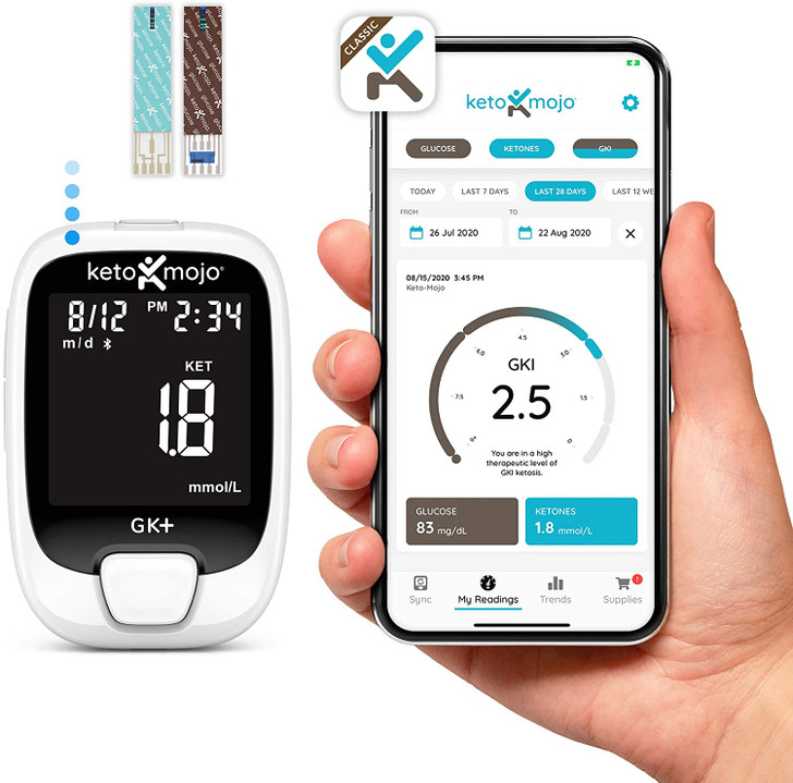 New KETO-MOJO GK+ Blood Glucose & β-Ketone Dual Monitoring System + APP, 20 Test Strips (10 Each), 1 Meter, 20 Lancets, 1 Lancing Device, and Control Solutions | Monitor Your Ketosis & Ketogenic Diet
