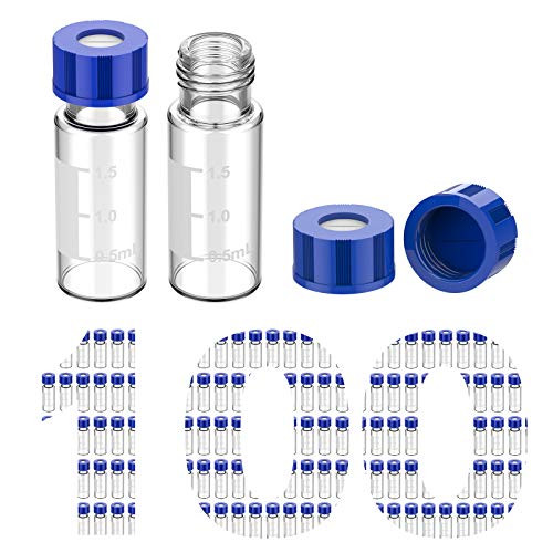 100 Pcs Membrane Solutions Autosampler Vials, 2mL HPLC Sample Vials, 9-425 Vial Clear Glass Bottles with Write-on Spot, Graduations, 9mm Blue ABS Screw Caps & Septa for GC Sample vials