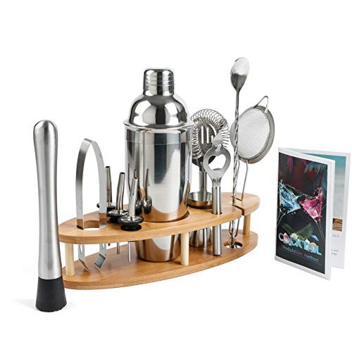 Cocktail Shaker Set Bartender Kit, 13 Piece Bar Set with Bamboo Stand Stainless Steel Bartending Tools Set with 24oz Martini Shaker, Muddler and More for Home Bar Foolproof Drink Mixing