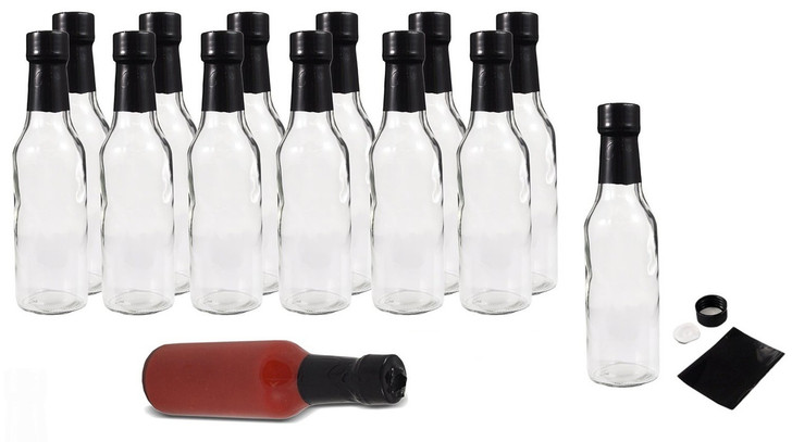 5 oz clear glass woozy sauce bottle - Complete Set of Bottles with Shrink Sleeve, Bottles, and Lids - pack of 24