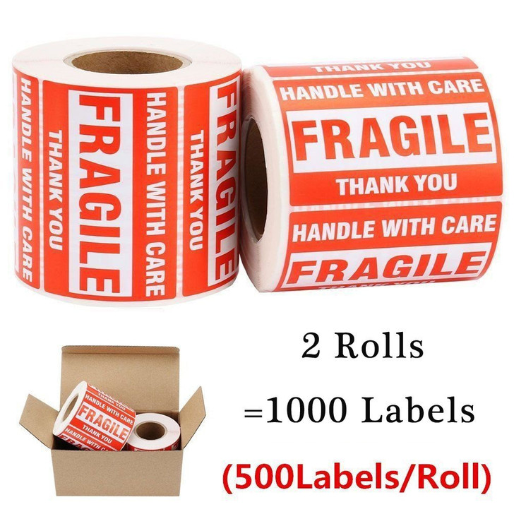 ZiKON, 2 Rolls Fragile Tapes - 2"x3" Handle With Care Stickers Thank You Shipping Labels - 1000 Labels