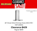 36" Broan Elite Chimney Style Hood, 640 CFM