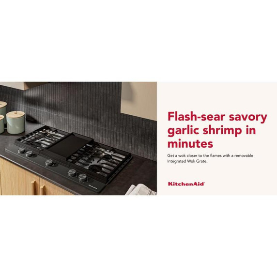 Kitchenaid® Gas-on-Metal Cooktop with an Integrated Wok Grate and CookShield™ Finish KCGK736SBE