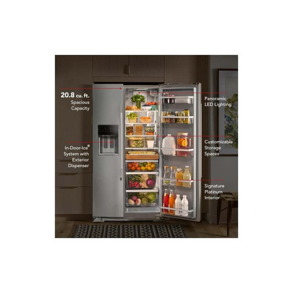 Kitchenaid® 20.8 Cu. Ft. Counter-Depth Side-by-Side Refrigerator with Exterior Ice and Water Dispenser in PrintShield™ Finish KRSC536RPS