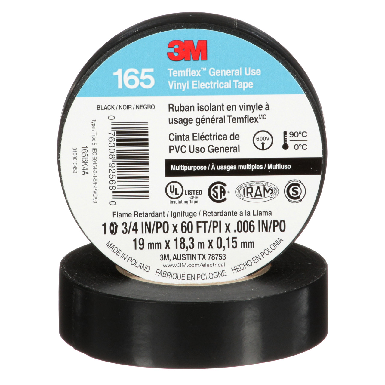 3M Temflex Vinyl Electrical Tape 165, Black, 3/4 in x 60 ft