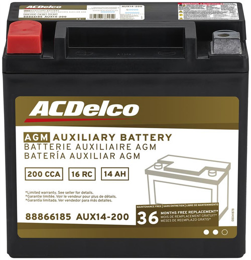 Auxiliary Battery, BCI Group 14BS, 36 Month Warranty Auxiliary AGM, CCA 200 | ACDAUX14-200