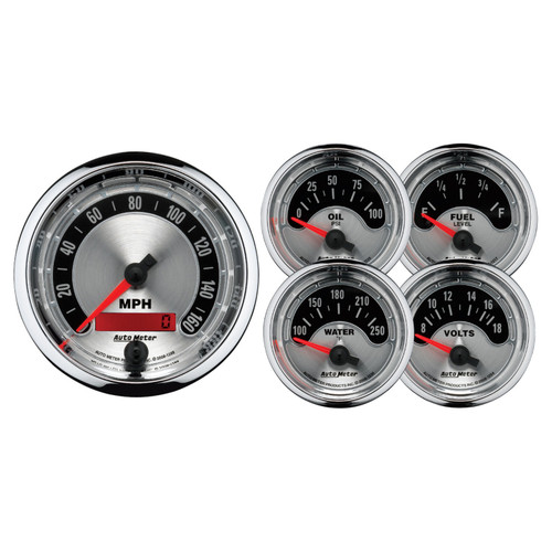 5 Pc. Electric Gauge Kit, 3-3/8" & 2-1/16", Speedometer, Chrome Bezel | AUM1202
