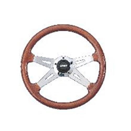 Collectors Edition Steering Wheel, 14 3/4 in. Diameter, 3 3/4 in. Dish, Mahogany Wood Grip, Polished Aluminum 4-Spoke Design, Includes Styling Sleeve | 0311177