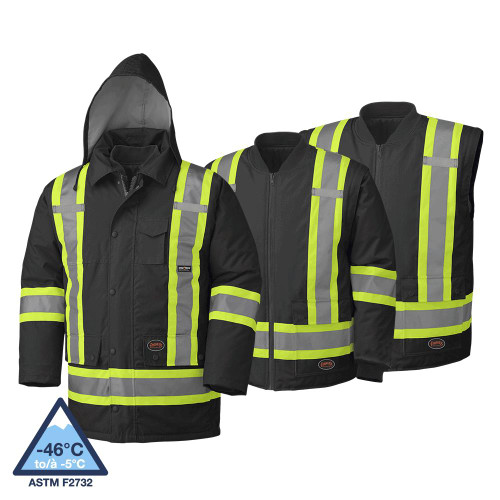 Hi-Vis 7-in-1 Parka - 100% Waterproof - Detachable Hood - Black - M | SWXV1120470-M