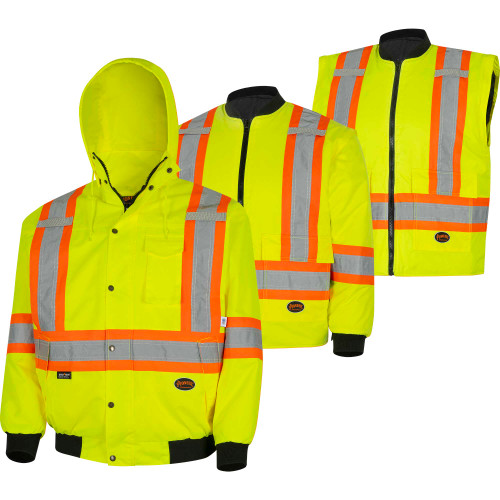 Hi-Vis 7-in-1 Bomber - 100% Waterproof - Detachable Hood - Hi-Vis Yellow/Green - M | SWXV1120360-M