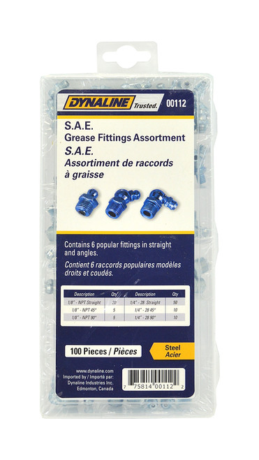 S.A.E. Grease Fitting Assortment, 100 Pieces / 6 Sizes | DYN00112